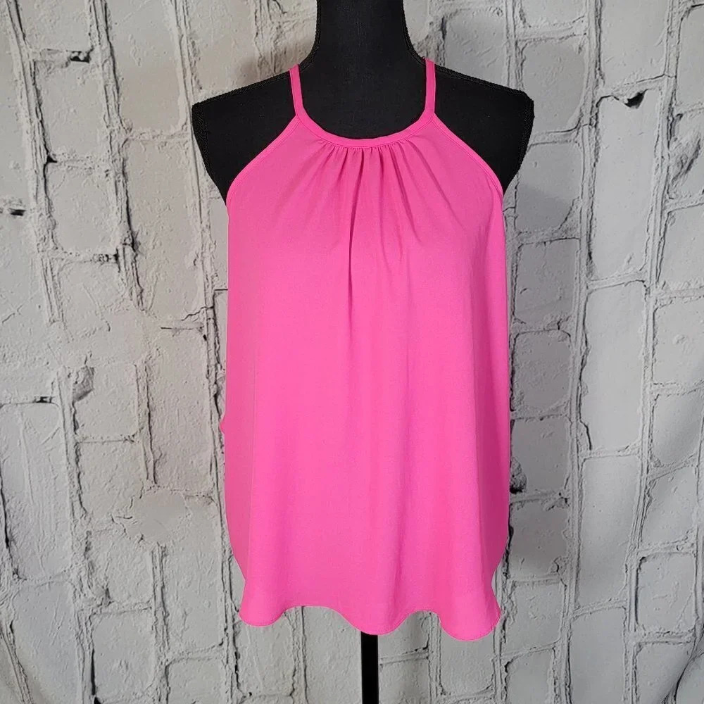 Lush Womens M Bright Hot Pink Spaghetti Strap Summer Tank Flowy Ruffle Barbie